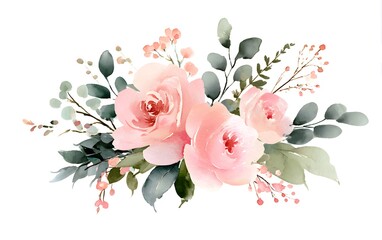 Watercolor floral clipart, white background, soft blue and beige flowers, pale yellow accents, loose brush strokes,