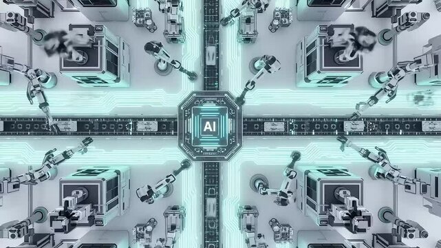 Robotic Arms Working on Assembly Line with Integrated Circuits Overhead View