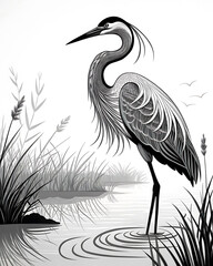 A stylized black and white illustration of a heron