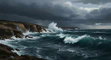 Obraz premium Storm Clash: Waves Crashing Against Sea Cliffs Under a Dark Sky