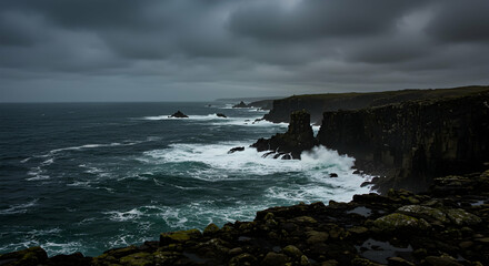 Fototapeta premium Storm Clash: Waves Crashing Against Sea Cliffs Under a Dark Sky