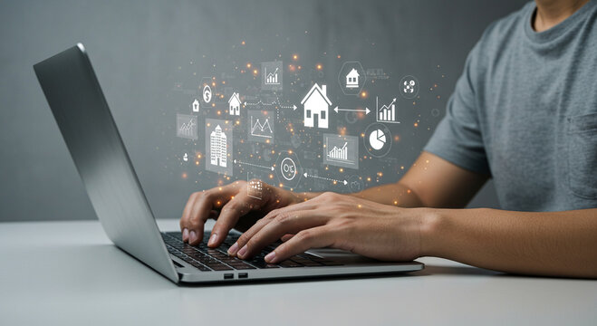 Person using laptop with futuristic digital interface showing real estate and financial data