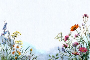 Watercolor wildflowers on a white background, with yellow, red, blue, purple, and pink flowers in a landscape with a meadow, and a border frame design.