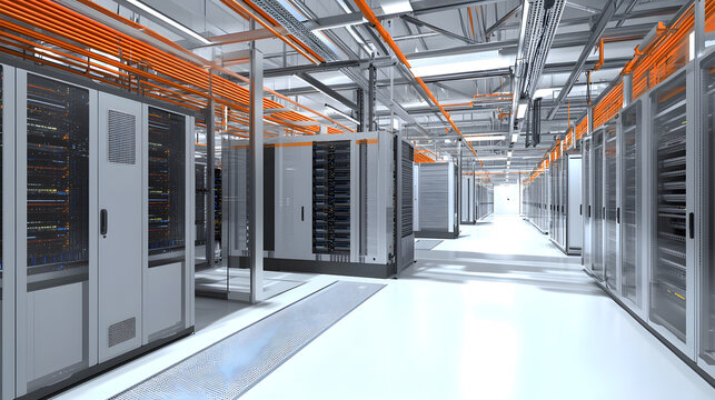 Depict a state of the art data center with rows of server racks, cooling systems, and redundant power supplies