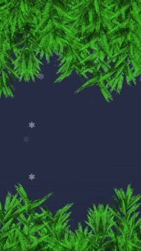 Digital animation of green leaves forming a frame against snow falling on blue background