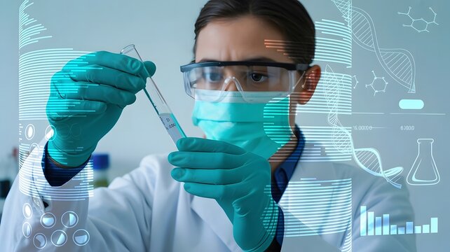 Medical Researcher Analyzing Sample in Test Tube with Digital Data Overlay