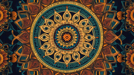 An intricate mandala pattern background with symmetrical concentric circles and floral motifs in vibrant colors.