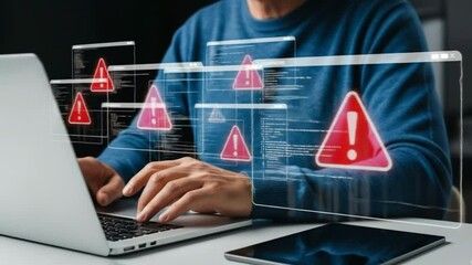 Person typing on a laptop with multiple warning signs displayed on transparent screens overlaying it - Powered by Adobe