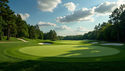 Lush green golf course with rolling hills under a sunny sky. Represents sports, leisure, outdoor recreation, or nature. Serene and inviting.

