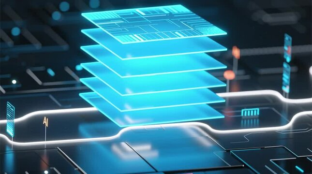 Layered AI data architecture glowing in neon blue circuitry, perfect for futuristic tech background, smart analytics interface, and conceptual wallpaper visuals