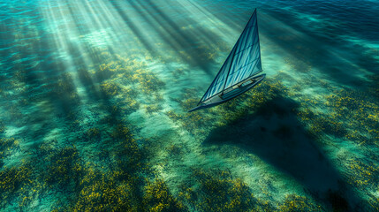 A lone sailboat gliding through transparent waters, the ocean floor visible beneath, sun rays filtering through the water