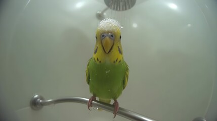 Squawking Shower Time: Hilarious Budgie with Shampoo Bubbles