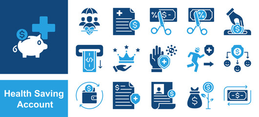 Health Savings Account icon set with Health insurance, Medical expense, Tax free, Deposit, Withdrawal, Account holder, Saving account.