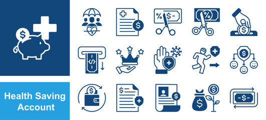 Health Savings Account icon set with Health insurance, Medical expense, Tax free, Deposit, Withdrawal, Account holder, Saving account.