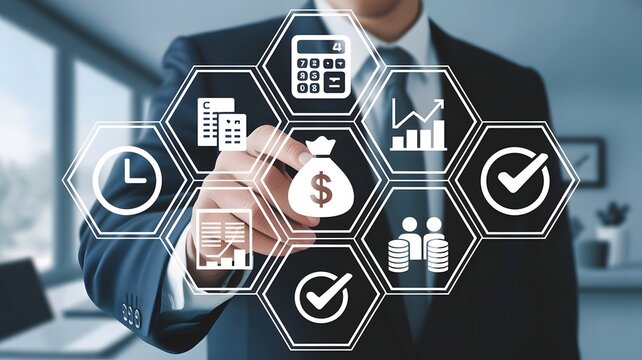 Businessman interacting with financial icons representing business strategy investment and financial planning