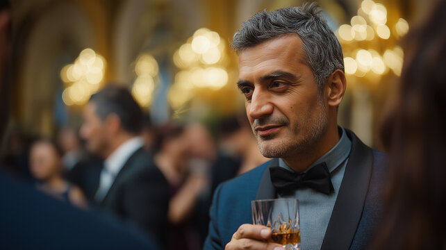 A distinguished man elegantly sips whiskey while mingling with guests at a festive soir&eacute;e Generative AI