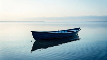 Naklejka premium A solitary dark blue rowboat floats peacefully on calm serene water under a soft hazy sky