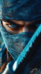 Intense blue-eyed warrior shrouded in mystery with a focused gaze and sharp blade