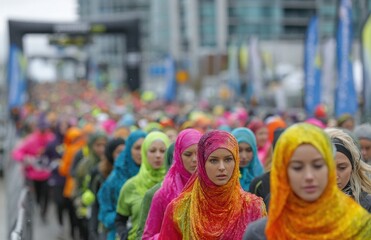 Muslim women running marathon wearing colorful hijab