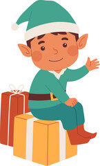 Playful Christmas Elves Sitting on the Gift

