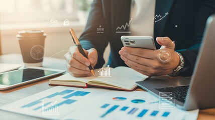 Businessman Analyzing Financial Data with Smartphone and Notebook for Growth Strategy