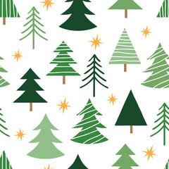 Seamless Hand Drawn Christmas Tree Pattern Design White Background