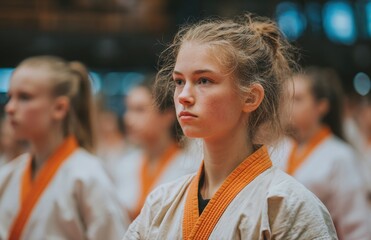 Young karate athlete concentrating during training with teammates