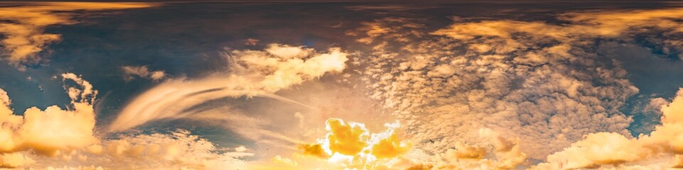 Golden glowing red orange overcast sunset sky 360 hdr panorama. Seamless spherical equirectangular...