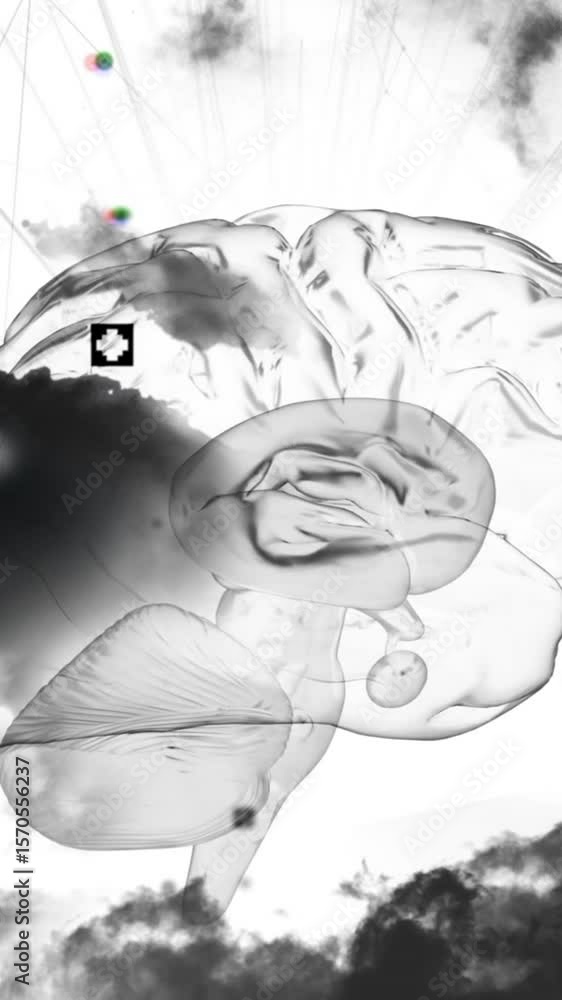 Poster animation of glowing human brain with data processing and clouds