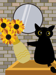 A funny episode in the room as a black mischievous cat with big eyes drops a vase of sunflowers on the floor with his paw. 