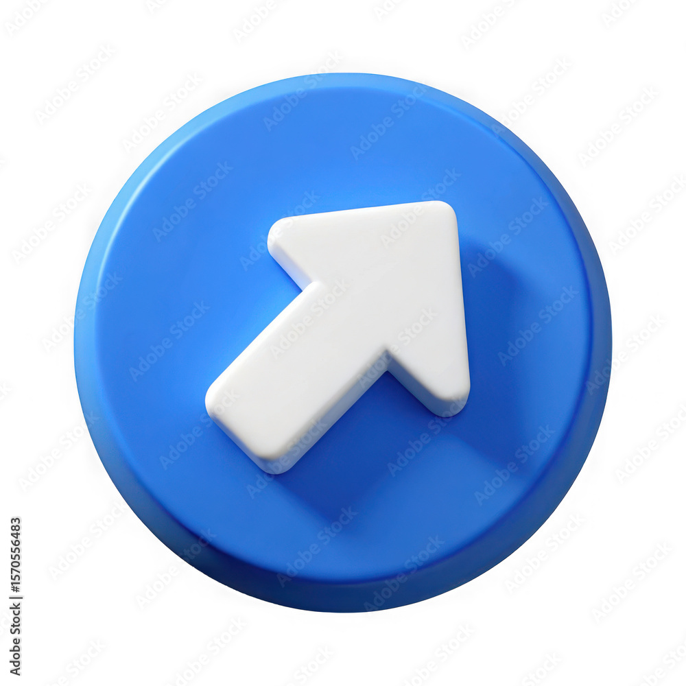 Poster 3d blue circle with white arrow pointing up isolated on a transparent background simple minimalist