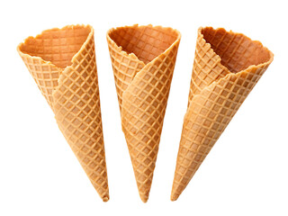 Three empty waffle ice cream cones on transparent background