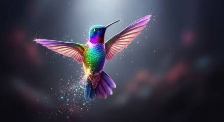 Mesmerizing Rainbow Hummingbird with Sparkling Wings in Motion Captured in Surreal Bokeh Lighting