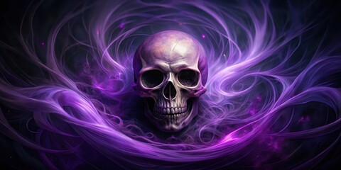 Dark spectral skull with glowing eyes floating in a swirl of eerie purple hues and wispy black tendrils, skull, eerie,  skull