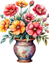 bouquet of flowers in vintage vase. watercolor illustration card.