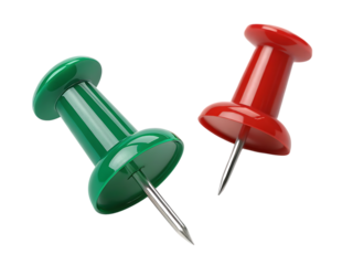 Red and green push pins on black on transparent background