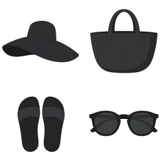 A set of illustrations of black summer fashion accessories, including a hat, bag, flip-flops and sunglasses on a white background