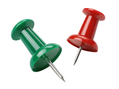 Red and green push pins on black on transparent background
