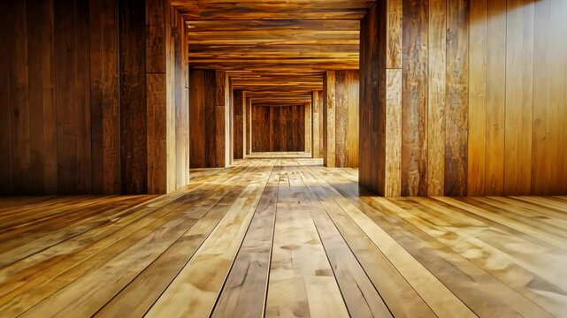 Expansive wooden interior with parallel columns and warm lighting creating a serene atmosphere