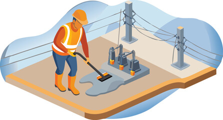 Worker in safety gear cleaning a spill near electrical equipment and power lines in an isometric view