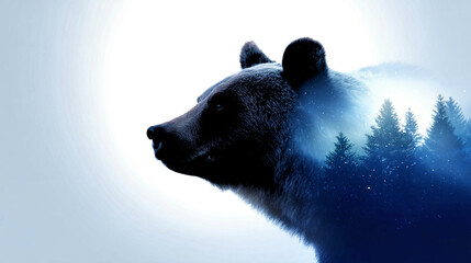 Imaginary blend of nature and wildlife showcasing a bear silhouetted against a mystical forest backdrop