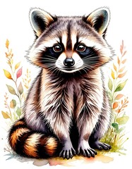 cute raccoon watercolor illustration card.