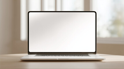 Close up of blank white screen laptop computer on wooden table with notebook and plant in modern office room, mockup for presentation design concept