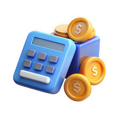 Blue calculator with golden dollar coins and blue cube isolated on a transparent background