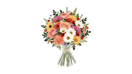 Obraz premium illustration features a beautifully arranged bouquet of colorful flowers, carefully wrapped in white paper and tied with a delicate ribbon. The bouquet contains a harmonious blend of various blossoms 
