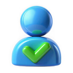 Stylized 3d blue user icon with a green checkmark symbol indicating success or approval isolated on transparent background