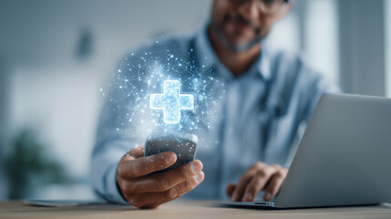 A doctor is using a Mobile to look at a diagram of a human body