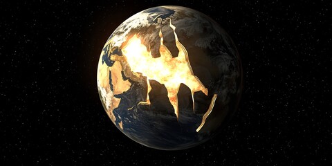 Naklejka premium Fractured earth illustration showing environmental collapse in cosmic space
