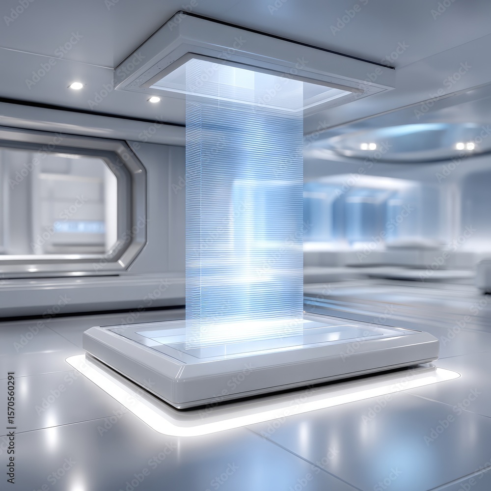 Poster holographic communication array display in futuristic white room