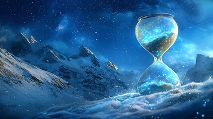 Galactic flow through time: Hourglass nestled amidst a wintry alpine expanse